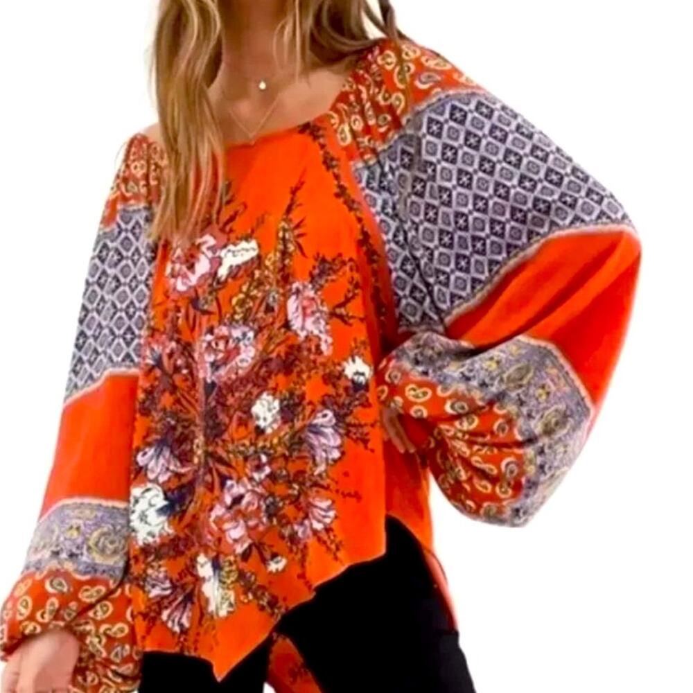 Free People Fall Top XS Oversized Small Blouse Flowy Cottage Boho Billowy Fairy